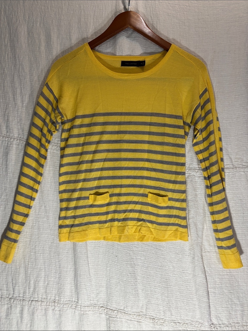 The Limited Yellow and Gray Striped Crew Neck Sweater 50% Merino Wool